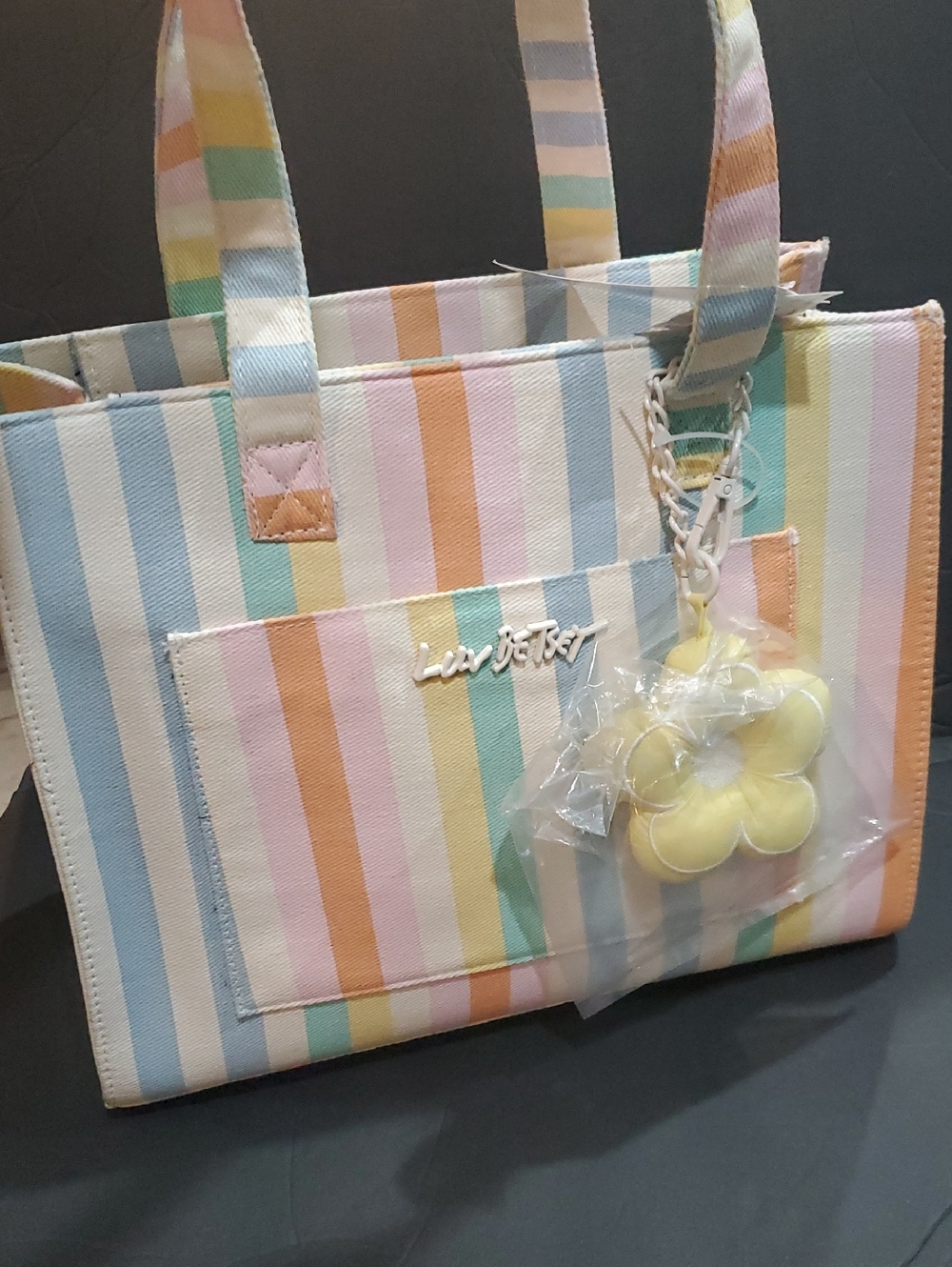 Betsey Johnson LBEMME cotton candy pastel stripe colorful structured woven tote - Picture 4 of 11